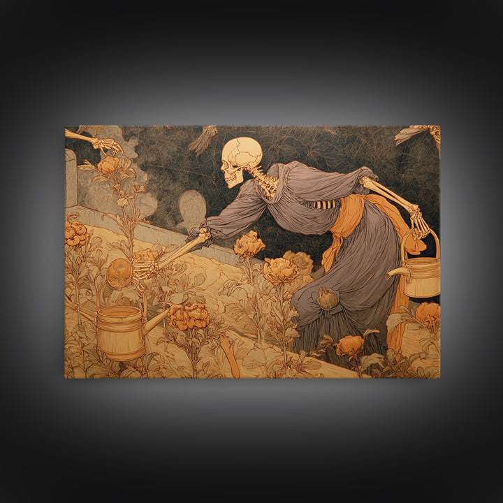 The Skeleton Gardeners, Symbolist Death Art, Landscape Wall Art, Dark Halloween Decor, Framed Canvas Print, Halloween Wall Art