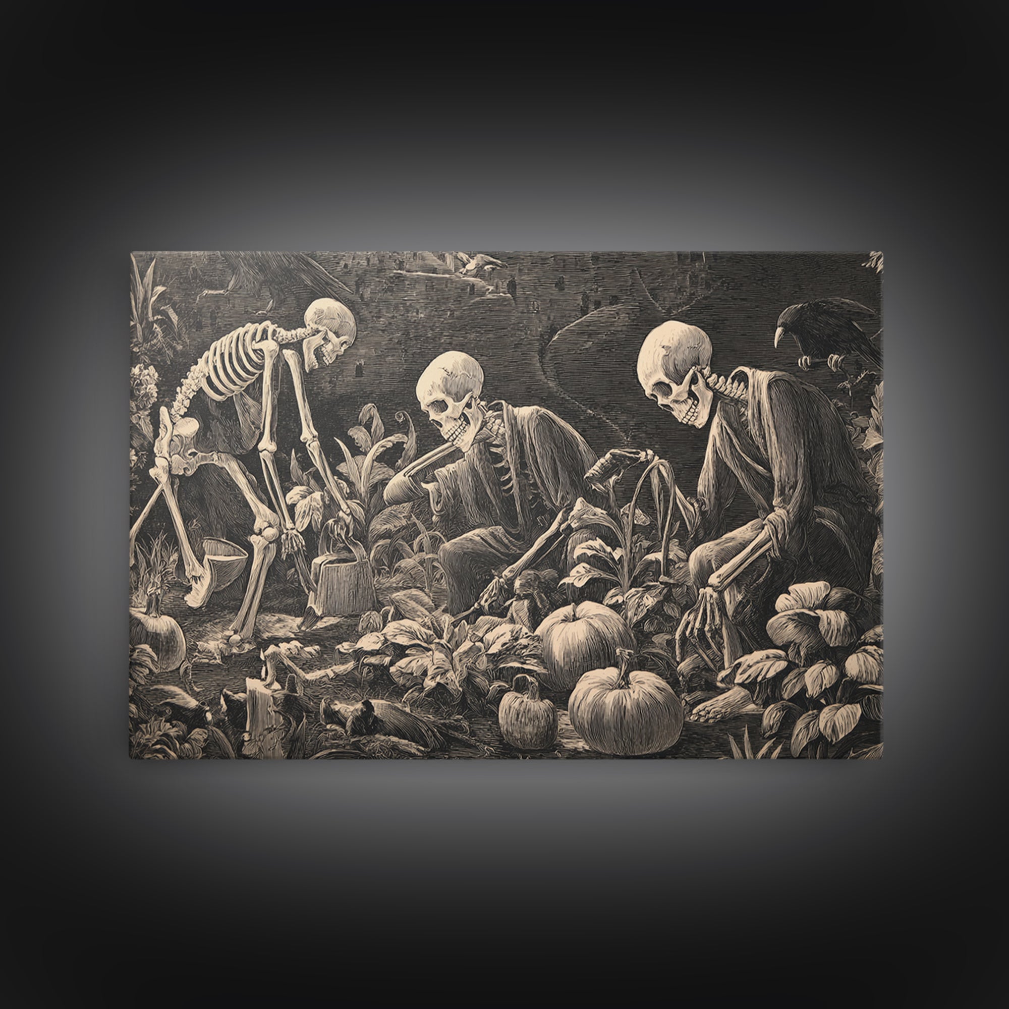 The Skeleton Gardeners, Symbolist Etching Art, Landscape Wall Art, Gothic Horror Wall Art, Framed Canvas Print, Halloween Wall Art