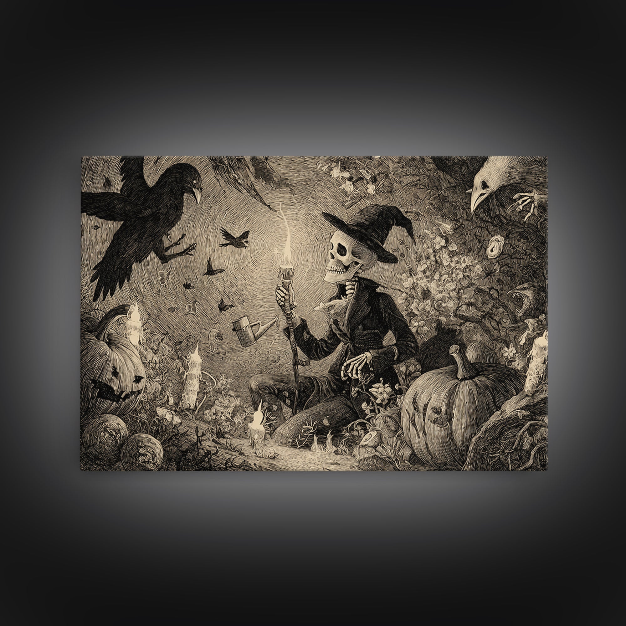 The Skeleton Gardeners, Expressionist Nightmare Art, Landscape Wall Art, Dark Fantasy Wall Art, Framed Canvas Print, Halloween Wall Art