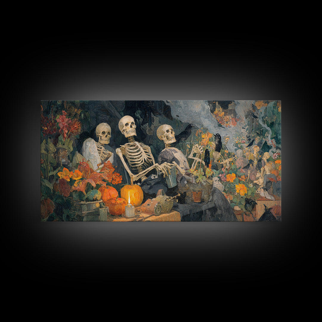 The Skeleton Gardeners, Grotesque Carnival Art, Wide Panoramic Art, Gothic Horror Wall Art, Framed Canvas Print, Halloween Wall Art