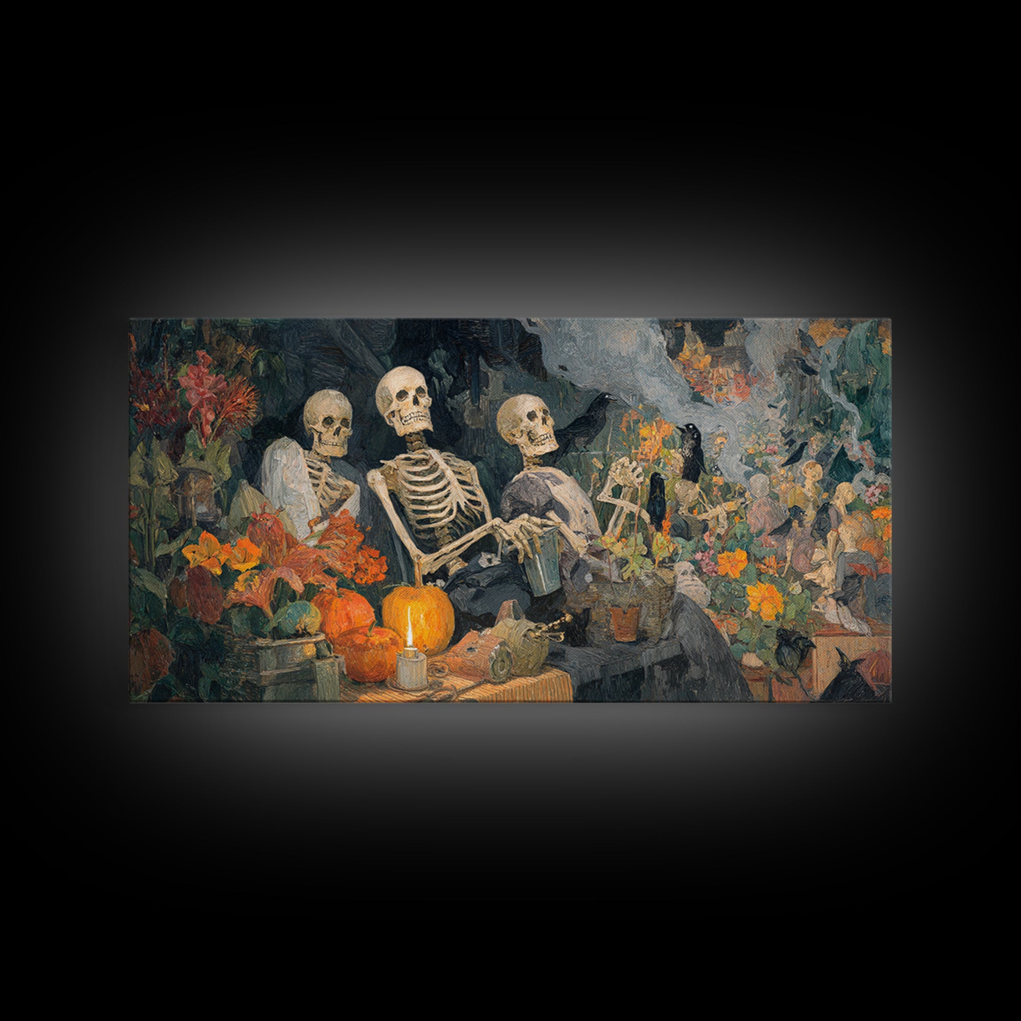The Skeleton Gardeners, Grotesque Carnival Art, Wide Panoramic Art, Gothic Horror Wall Art, Framed Canvas Print, Halloween Wall Art