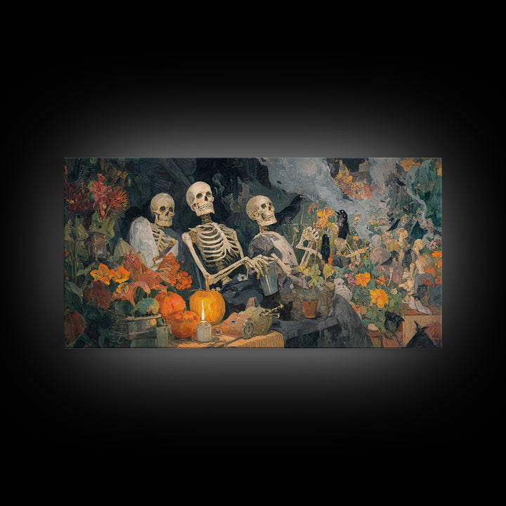 The Skeleton Gardeners, Grotesque Carnival Art, Wide Panoramic Art, Gothic Horror Wall Art, Framed Canvas Print, Halloween Wall Art