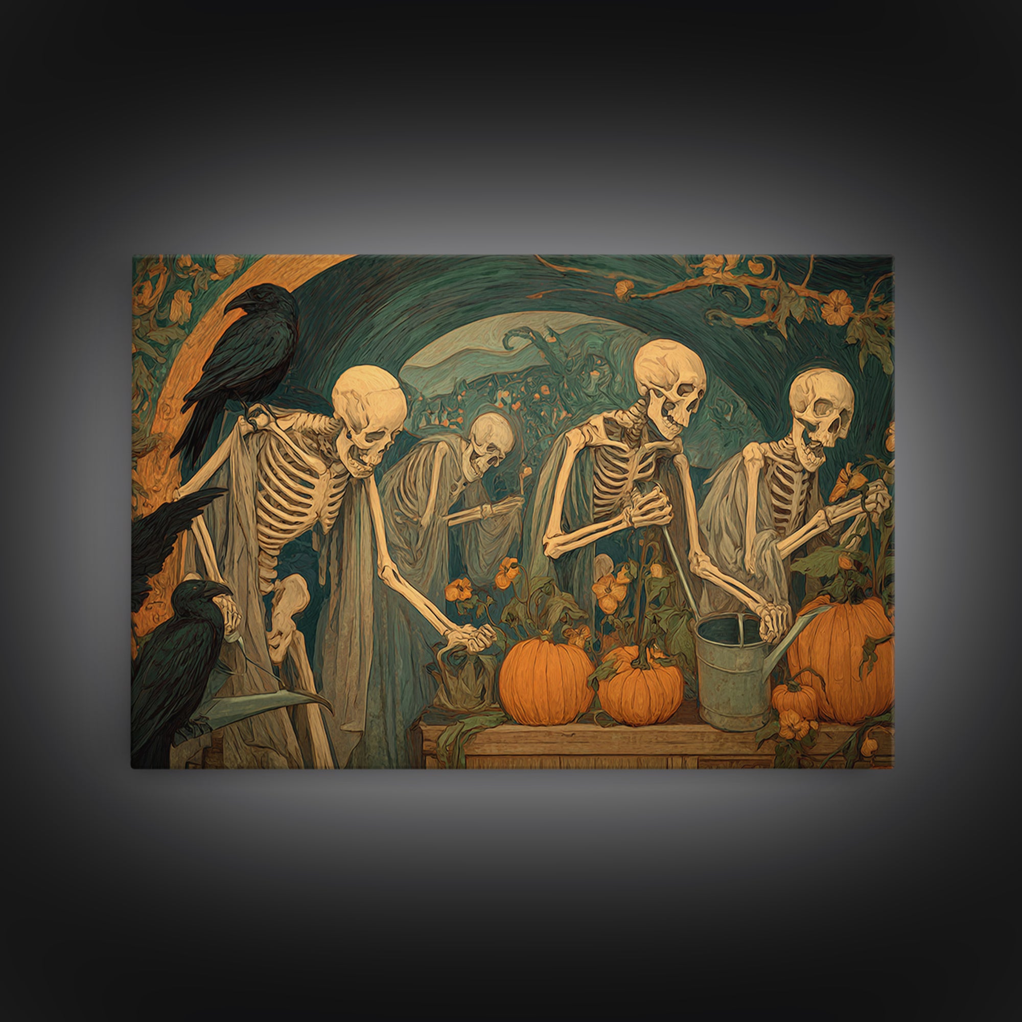 The Skeleton Gardeners, Expressionist Gothic Art, Landscape Wall Art, Dark Fantasy Wall Art, Framed Canvas Print, Halloween Wall Art