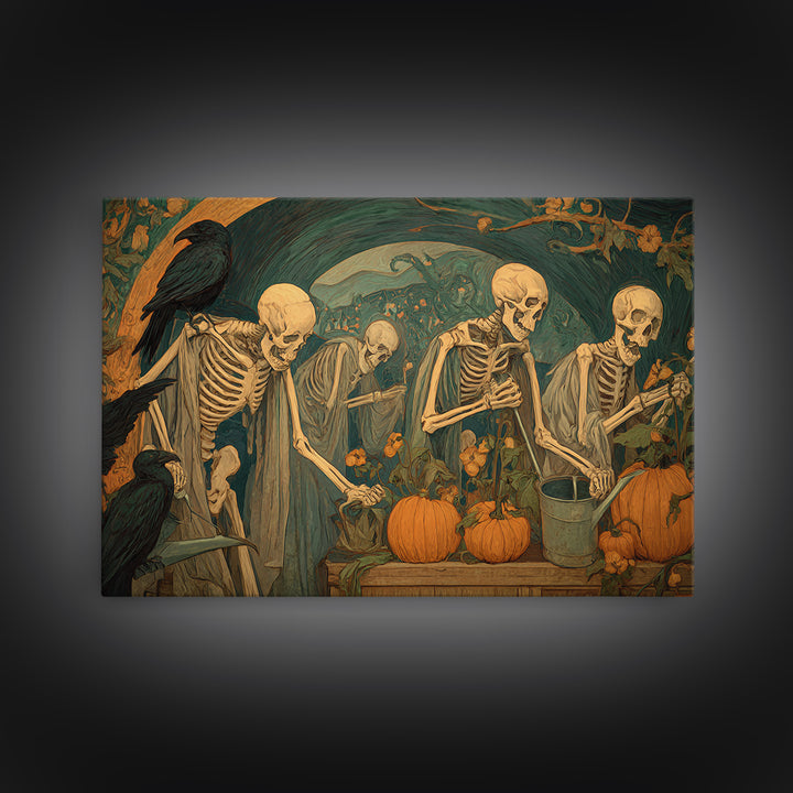 The Skeleton Gardeners, Expressionist Gothic Art, Landscape Wall Art, Dark Fantasy Wall Art, Framed Canvas Print, Halloween Wall Art