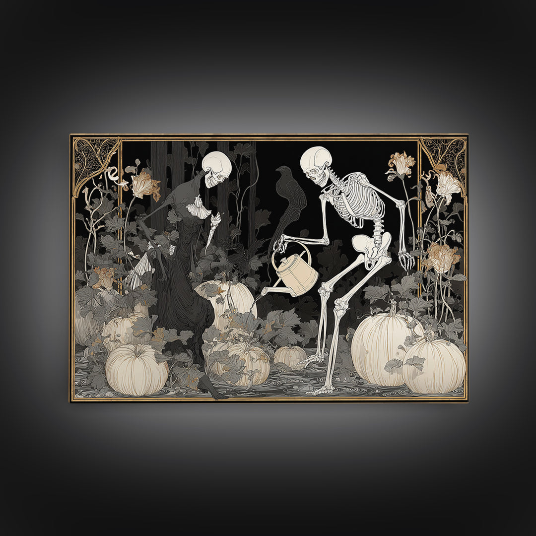 The Skeleton Gardeners, Decadent Line Art, Landscape Wall Art, Gothic Horror Wall Art, Framed Canvas Print, Halloween Wall Art