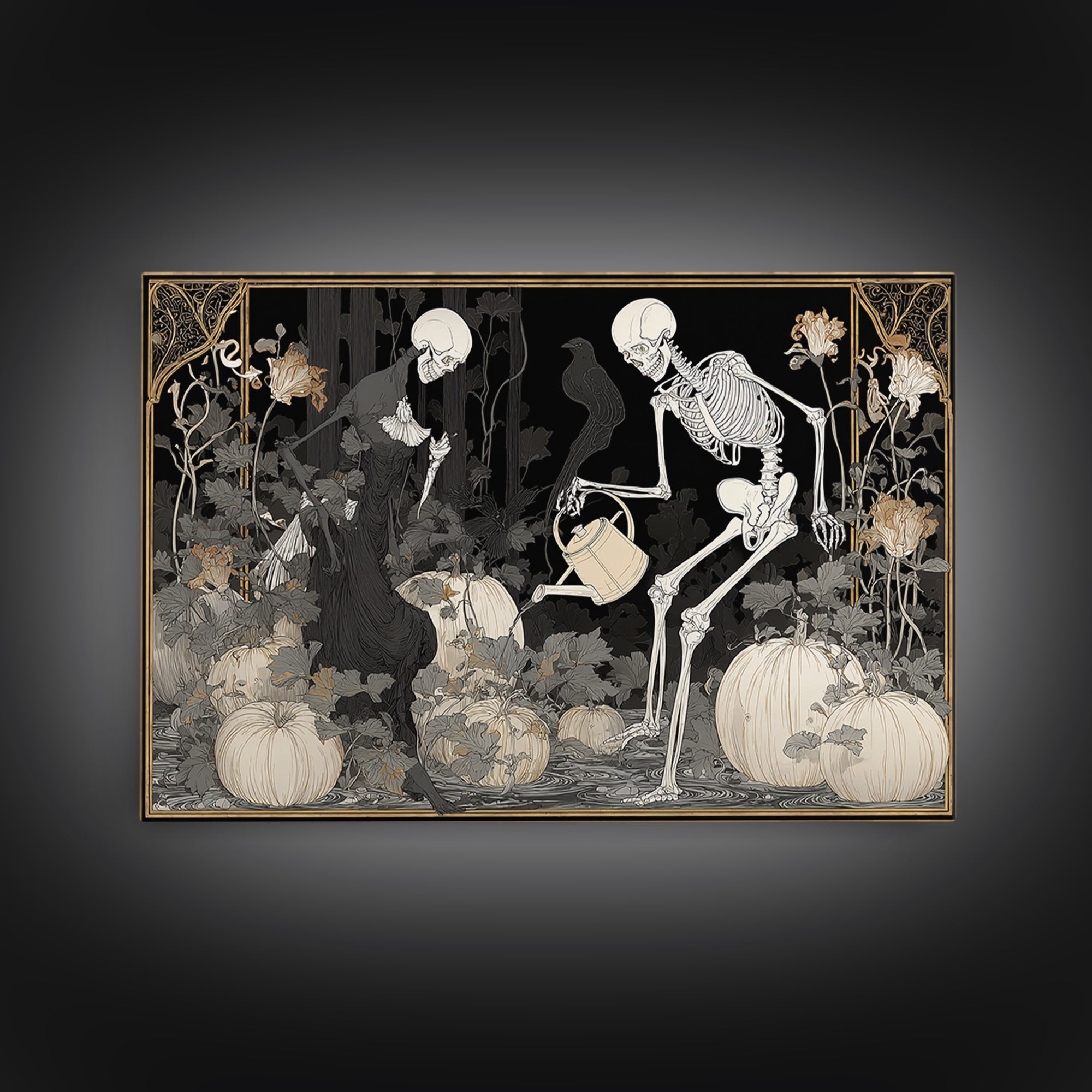 The Skeleton Gardeners, Decadent Line Art, Landscape Wall Art, Gothic Horror Wall Art, Framed Canvas Print, Halloween Wall Art