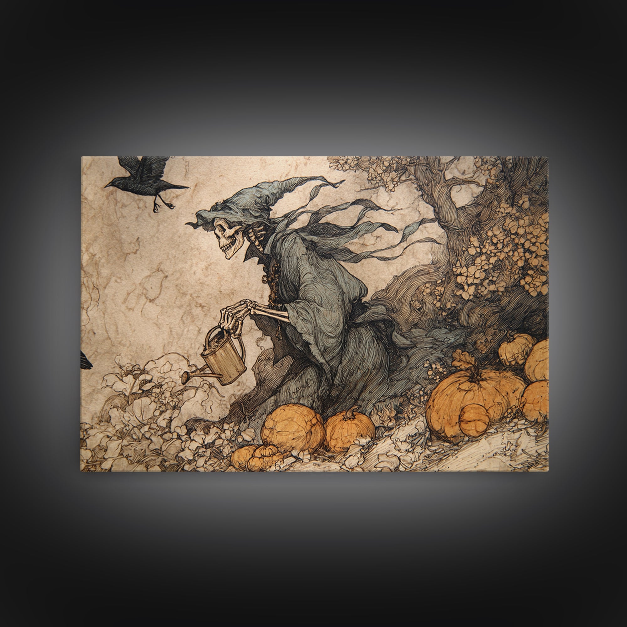 The Skeleton Gardeners, Gothic Storybook Art, Landscape Wall Art, Gothic Horror Wall Art, Canvas Print, Halloween Wall Art
