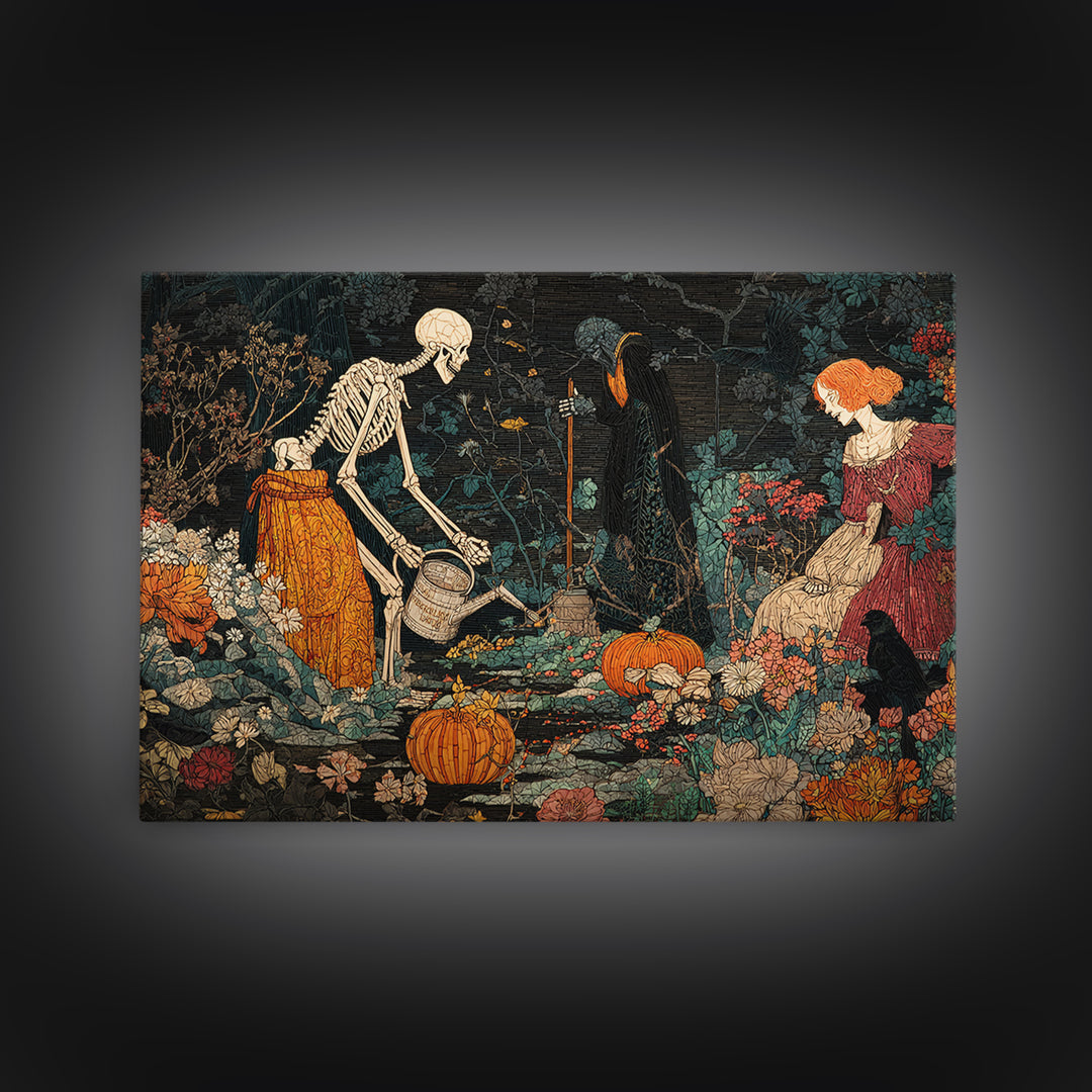 The Skeleton Gardeners, Stained Glass Gothic Art, Landscape Wall Art, Gothic Horror Wall Art, Canvas Print, Halloween Wall Art