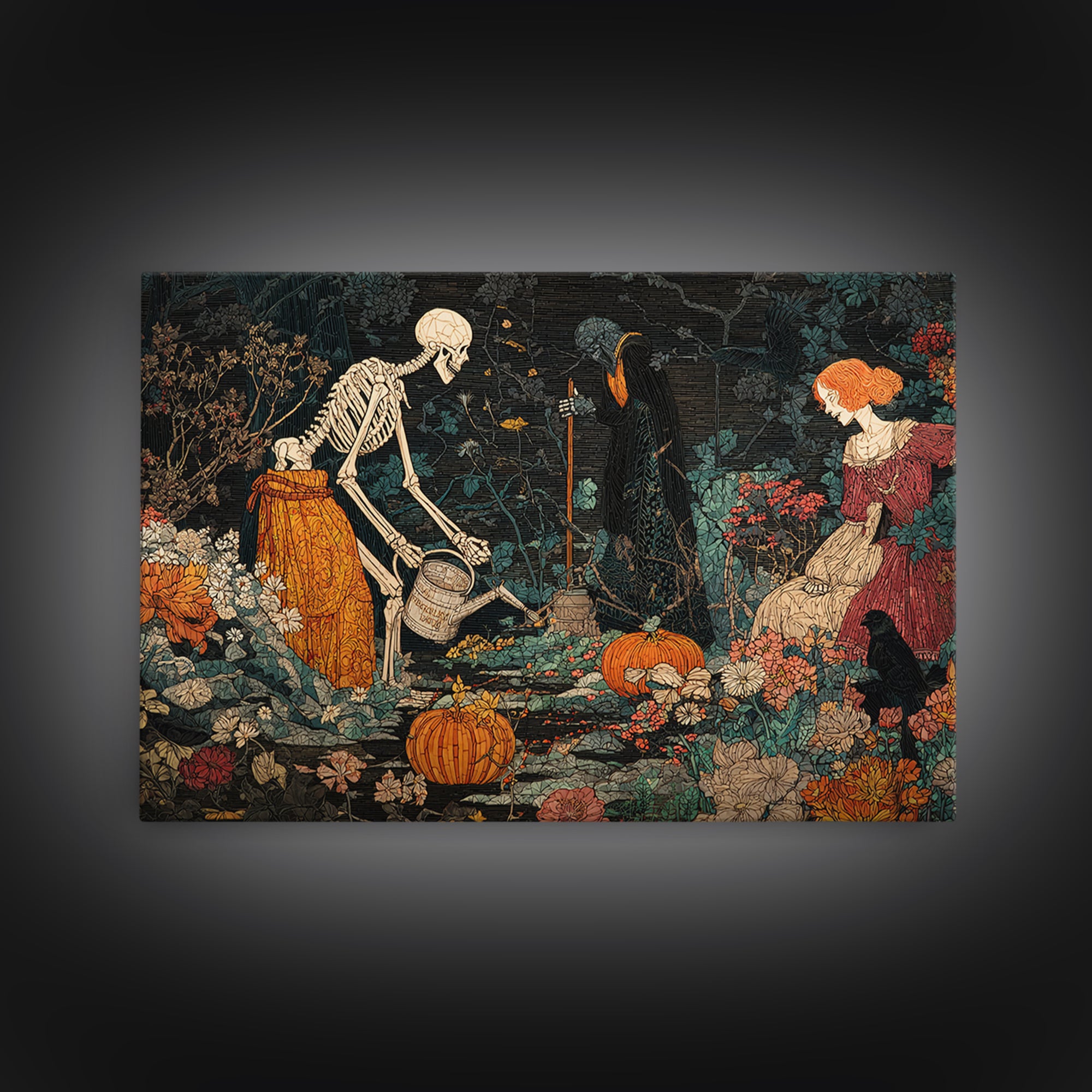 The Skeleton Gardeners, Stained Glass Gothic Art, Landscape Wall Art, Gothic Horror Wall Art, Canvas Print, Halloween Wall Art