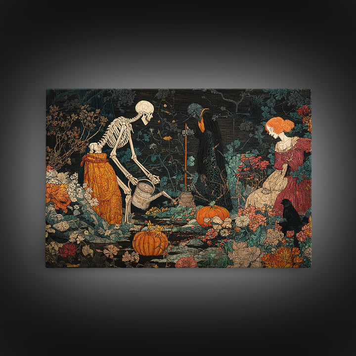 The Skeleton Gardeners, Stained Glass Gothic Art, Landscape Wall Art, Gothic Horror Wall Art, Canvas Print, Halloween Wall Art