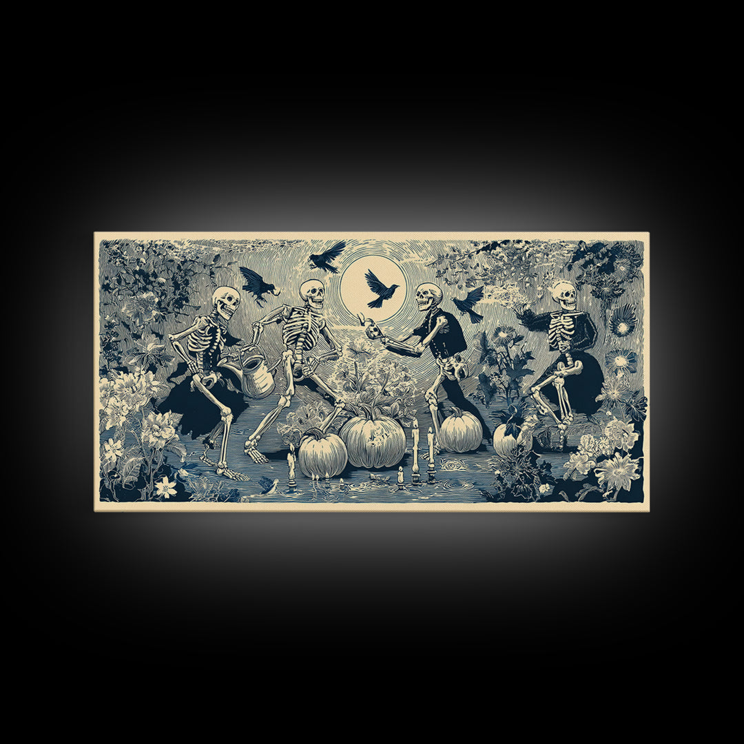 The Skeleton Gardeners, Macabre Folk Print Art, Wide Panoramic Art, Macabre Wall Art, Canvas Print, Halloween Wall Art