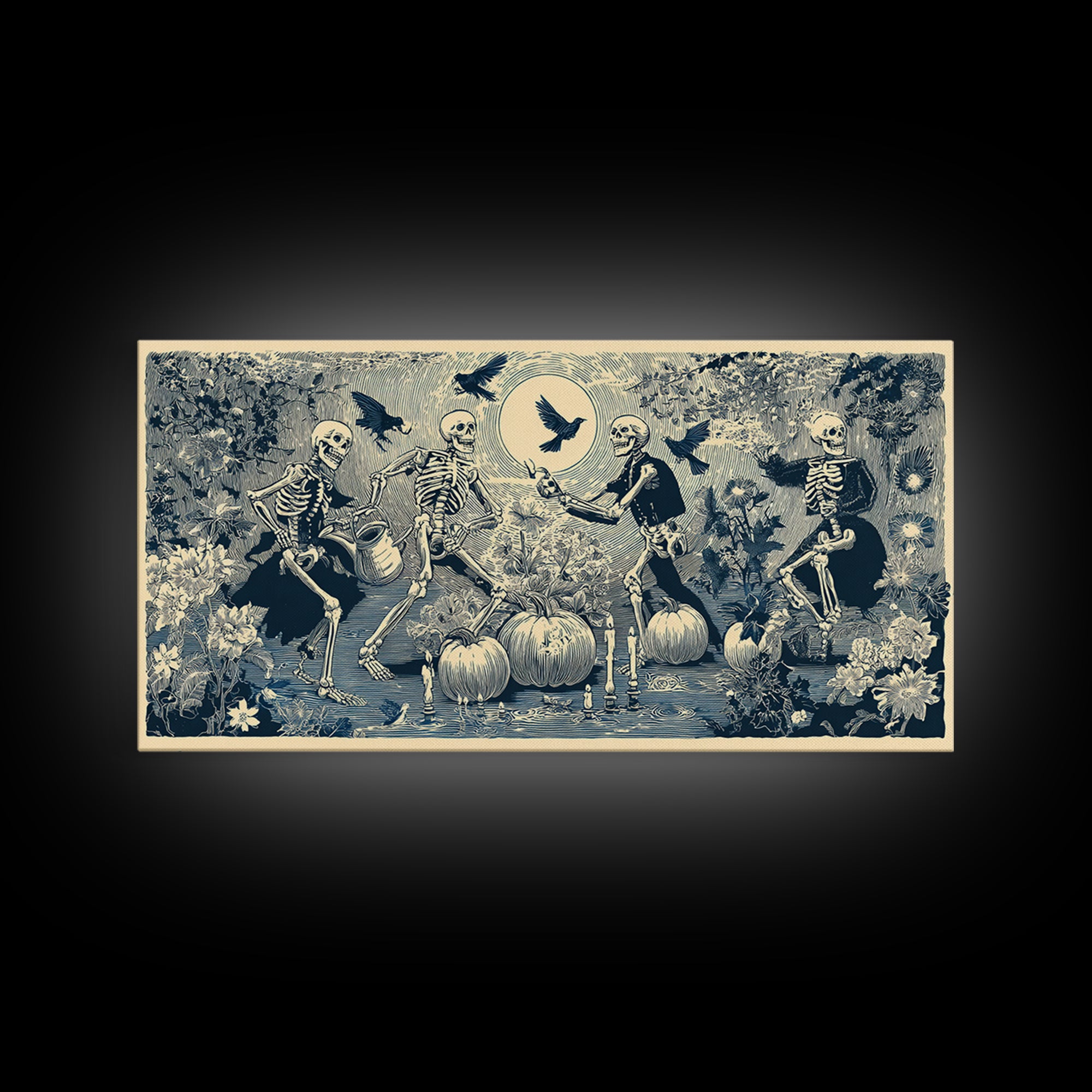 The Skeleton Gardeners, Macabre Folk Print Art, Wide Panoramic Art, Macabre Wall Art, Canvas Print, Halloween Wall Art