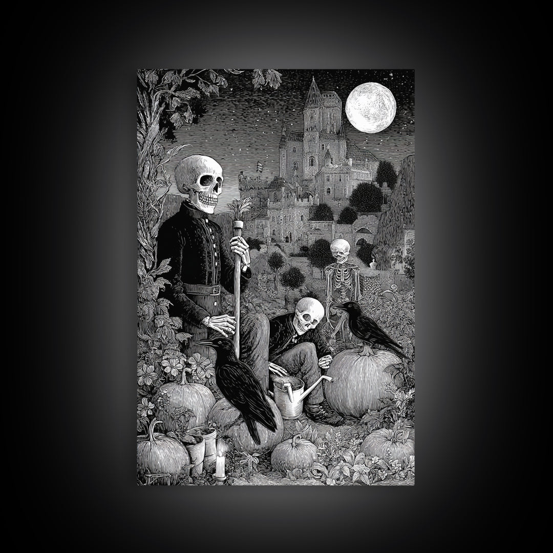The Skeleton Gardeners, Victorian Macabre Art, Vertical Wall Art, Dark Fantasy Wall Art, Canvas Print, Halloween Wall Art
