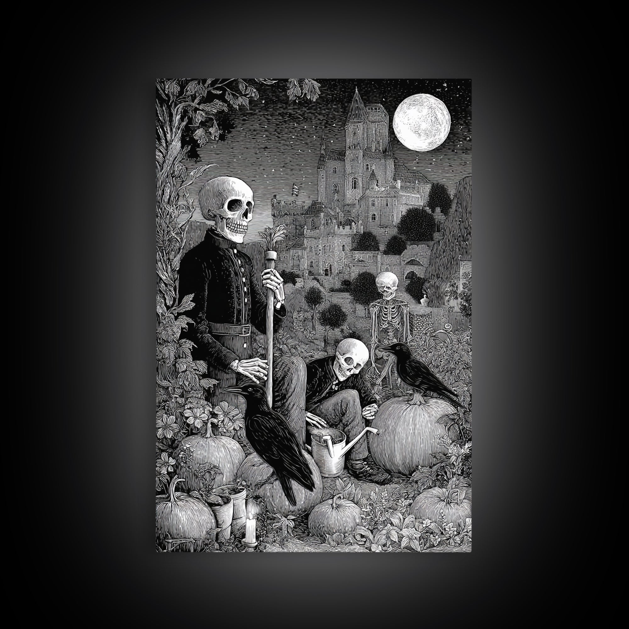 The Skeleton Gardeners, Victorian Macabre Art, Vertical Wall Art, Dark Fantasy Wall Art, Canvas Print, Halloween Wall Art