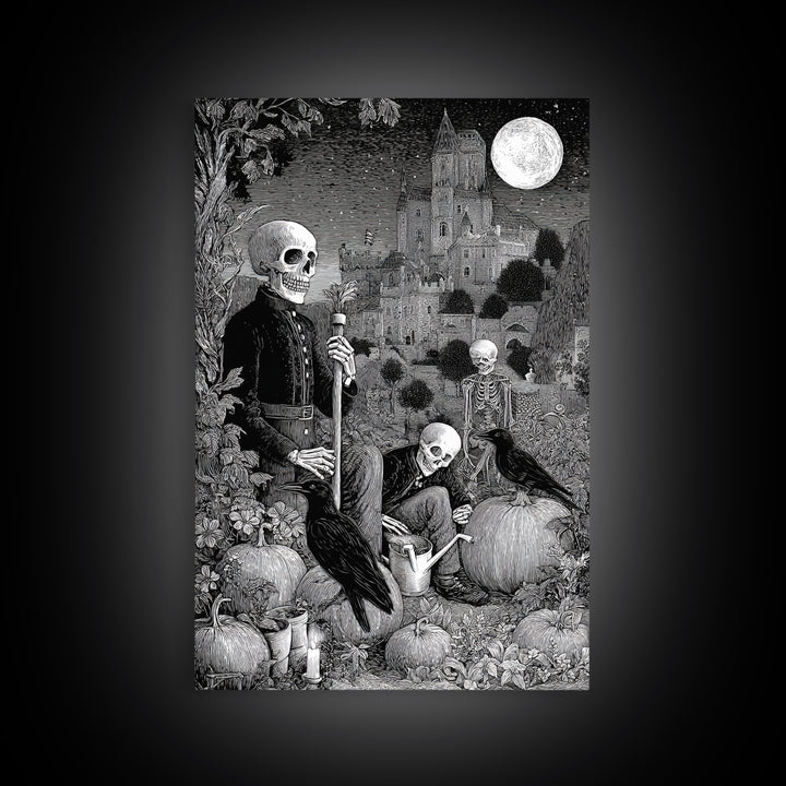 The Skeleton Gardeners, Victorian Macabre Art, Vertical Wall Art, Dark Fantasy Wall Art, Canvas Print, Halloween Wall Art