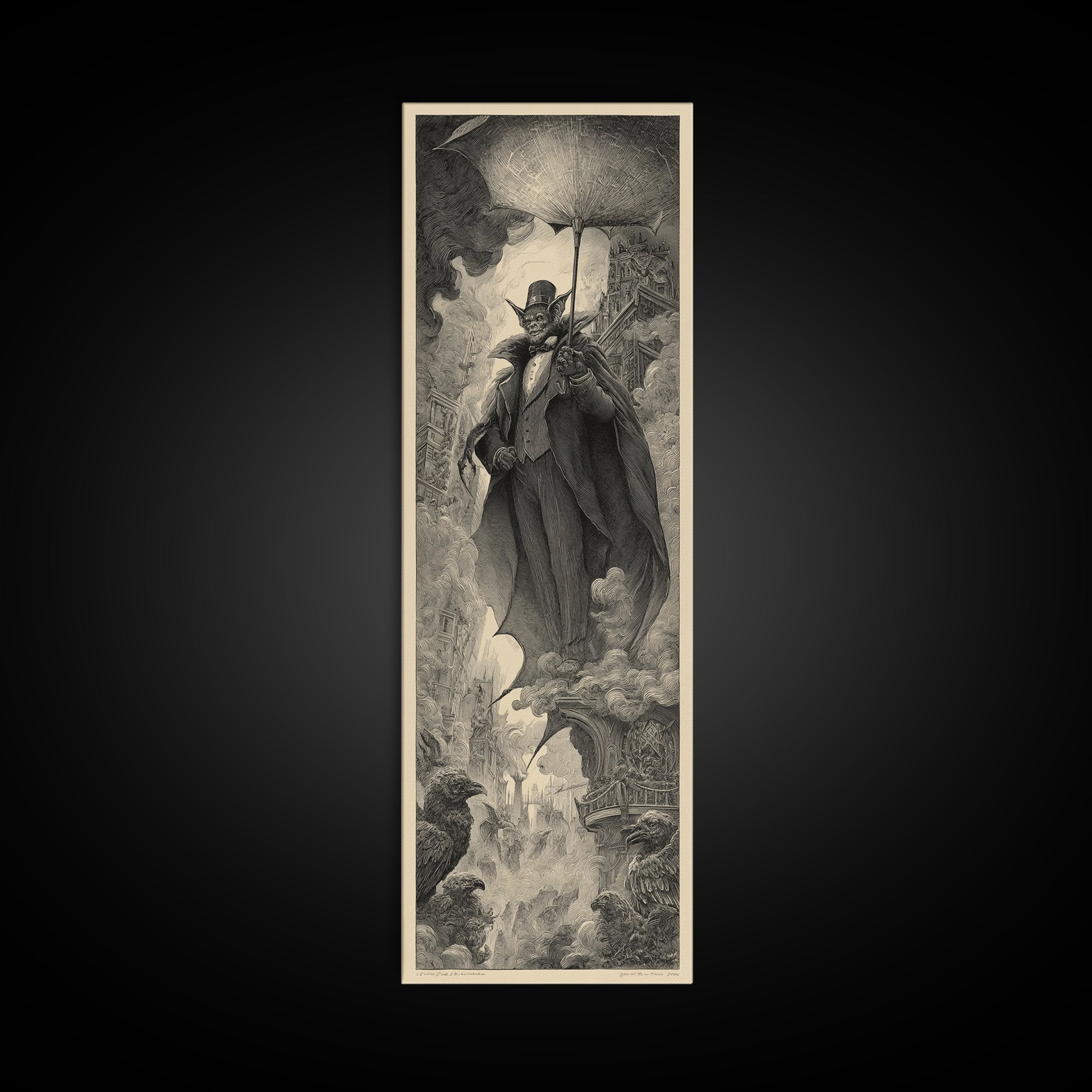 The Bat Umbrella Salesman, Gothic Engraving Art, Tall Narrow Wall Art, Macabre Wall Art, Canvas Print, Halloween Wall Art