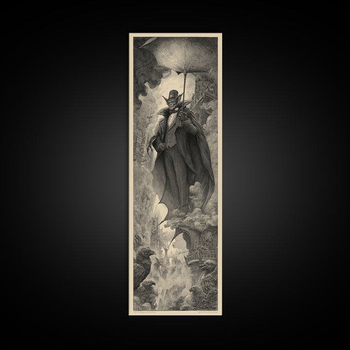 The Bat Umbrella Salesman, Gothic Engraving Art, Tall Narrow Wall Art, Macabre Wall Art, Canvas Print, Halloween Wall Art