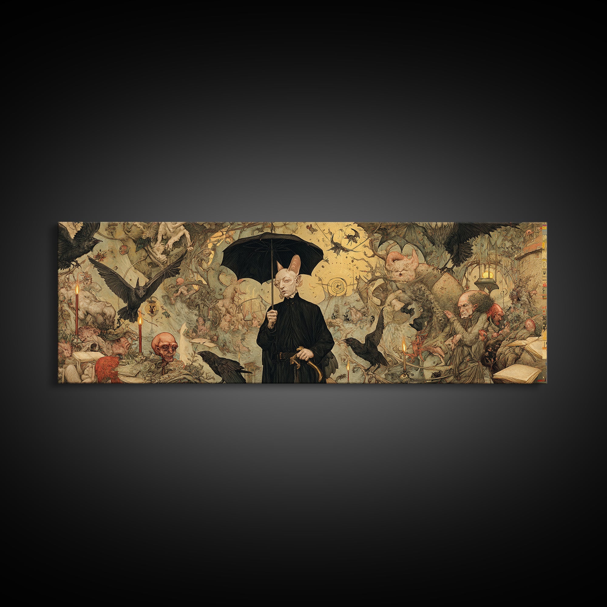 The Bat Umbrella Salesman, Medieval Grotesque Art, Extra Wide Wall Art, Gothic Horror Wall Art, Canvas Print, Halloween Wall Art