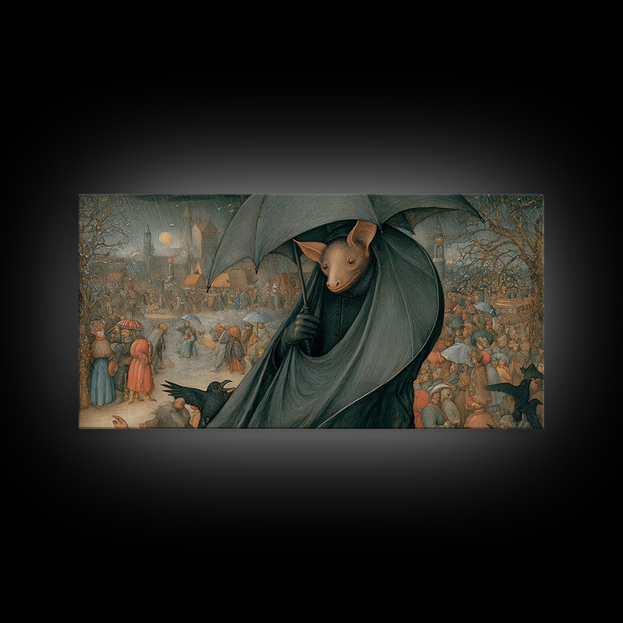 The Bat Umbrella Salesman, Northern Renaissance Horror, Wide Panoramic Art, Gothic Horror Wall Art, Framed Canvas Print