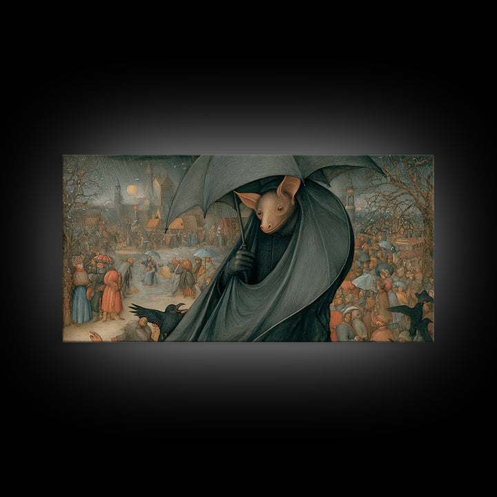 The Bat Umbrella Salesman, Northern Renaissance Horror, Wide Panoramic Art, Gothic Horror Wall Art, Framed Canvas Print