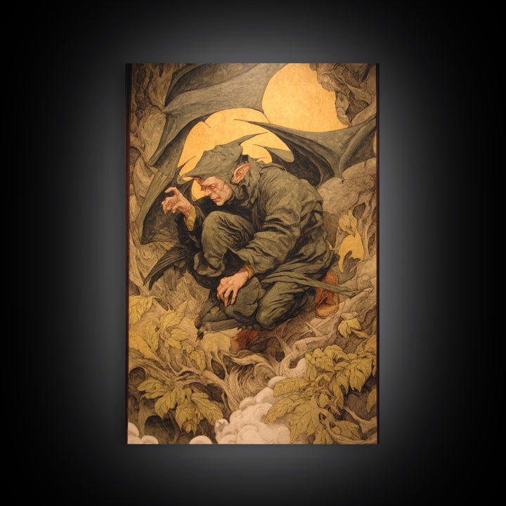 The Bat Umbrella Salesman, Dark Renaissance Art, Vertical Wall Art, Dark Halloween Decor, Framed Canvas Print, Halloween Wall Art