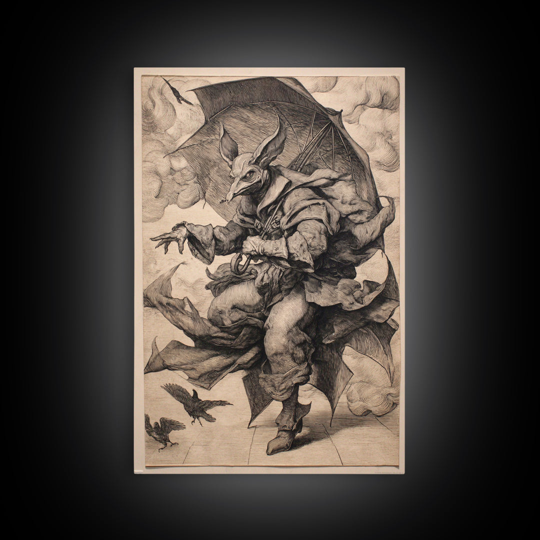 The Bat Umbrella Salesman, Renaissance Engraving Art, Vertical Wall Art, Dark Halloween Decor, Framed Canvas Print, Halloween Wall Art