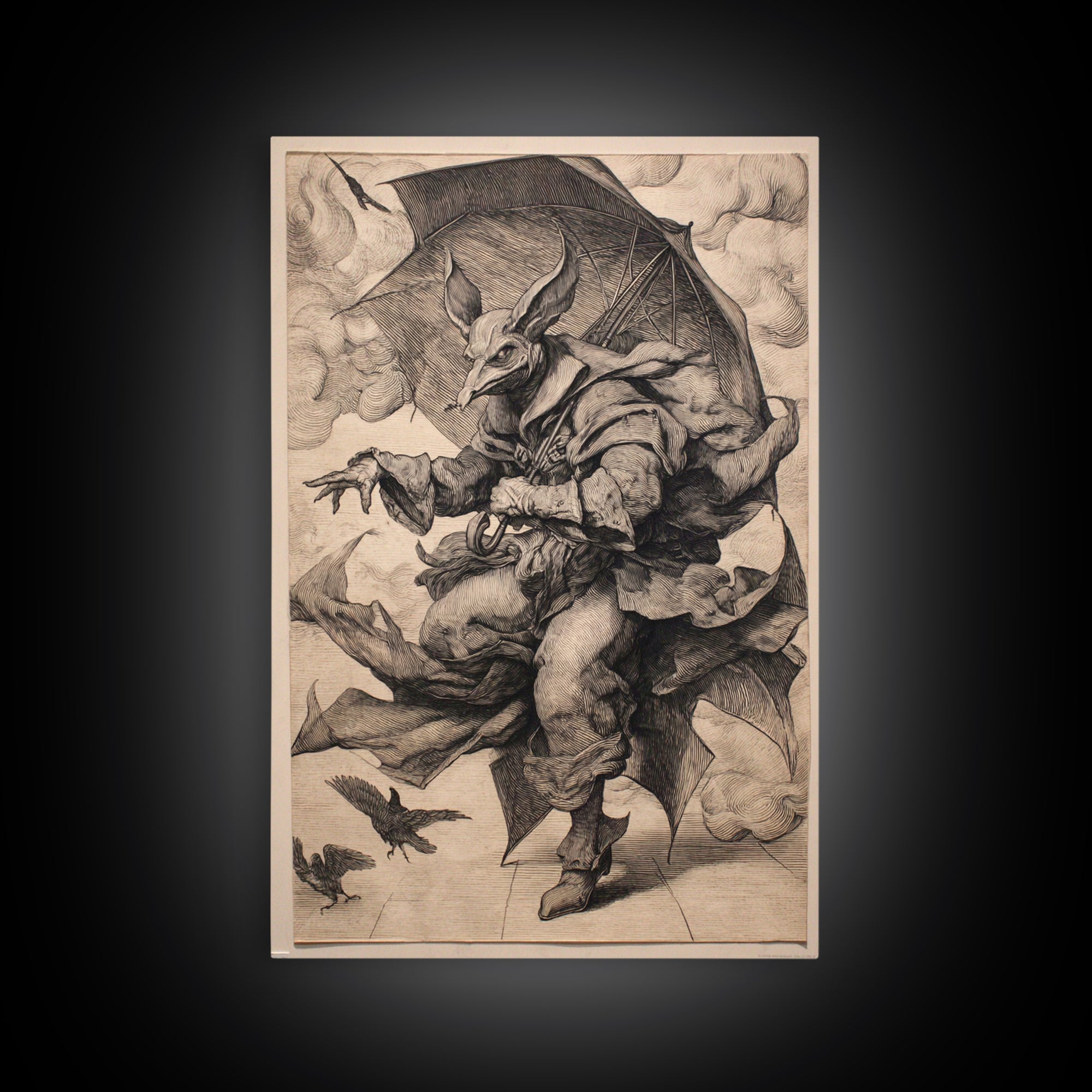 The Bat Umbrella Salesman, Renaissance Engraving Art, Vertical Wall Art, Dark Halloween Decor, Framed Canvas Print, Halloween Wall Art