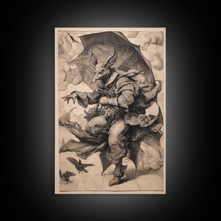 The Bat Umbrella Salesman, Renaissance Engraving Art, Vertical Wall Art, Dark Halloween Decor, Framed Canvas Print, Halloween Wall Art