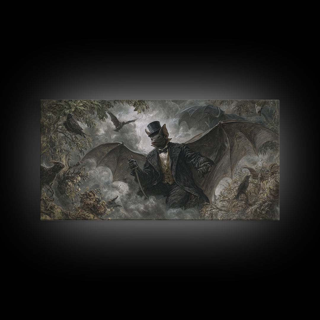 The Bat Umbrella Salesman, Baroque Witchcraft Art, Wide Panoramic Art, Dark Fantasy Wall Art, Canvas Print, Halloween Wall Art