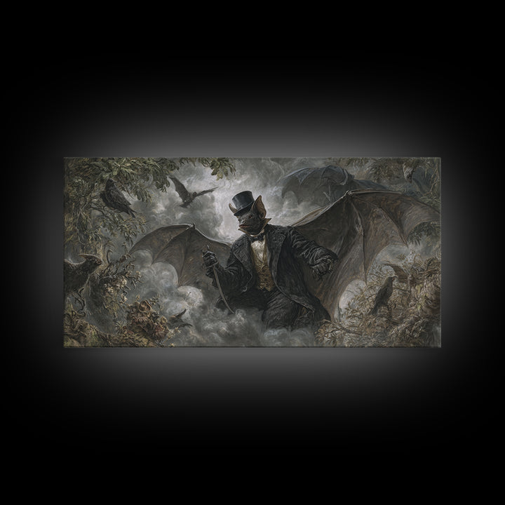 The Bat Umbrella Salesman, Baroque Witchcraft Art, Wide Panoramic Art, Dark Fantasy Wall Art, Canvas Print, Halloween Wall Art