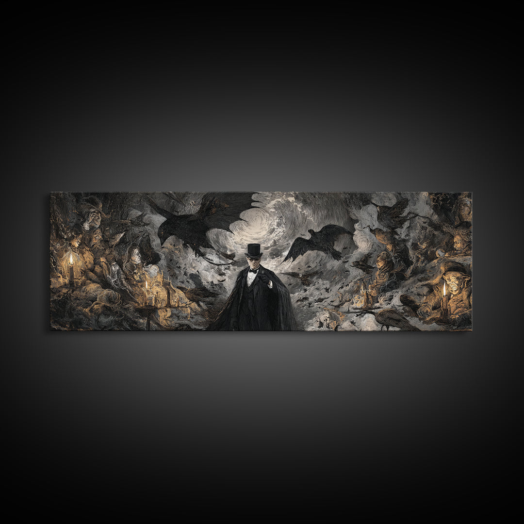 The Bat Umbrella Salesman, Dark Romantic Horror Art, Extra Wide Wall Art, Dark Halloween Decor, Canvas Print, Halloween Wall Art