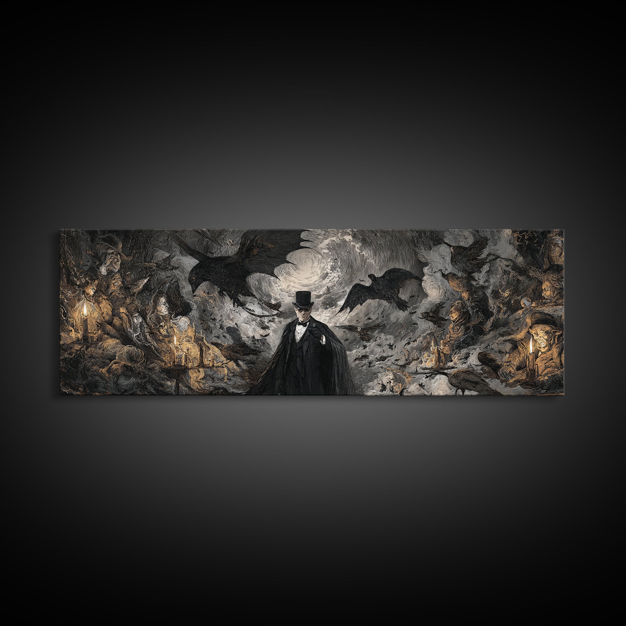 The Bat Umbrella Salesman, Dark Romantic Horror Art, Extra Wide Wall Art, Dark Halloween Decor, Canvas Print, Halloween Wall Art