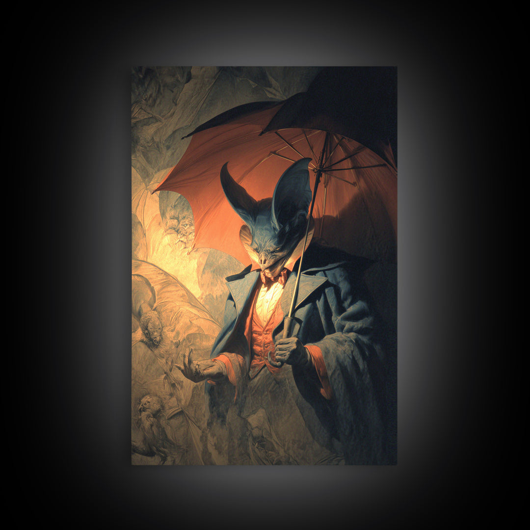The Bat Umbrella Salesman, Gothic Nightmare Art, Vertical Wall Art, Dark Halloween Decor, Canvas Print, Halloween Wall Art