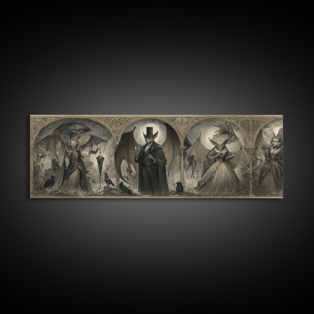 The Bat Umbrella Salesman, Visionary Gothic Art, Extra Wide Wall Art, Dark Halloween Decor, Framed Canvas Print, Halloween Wall Art