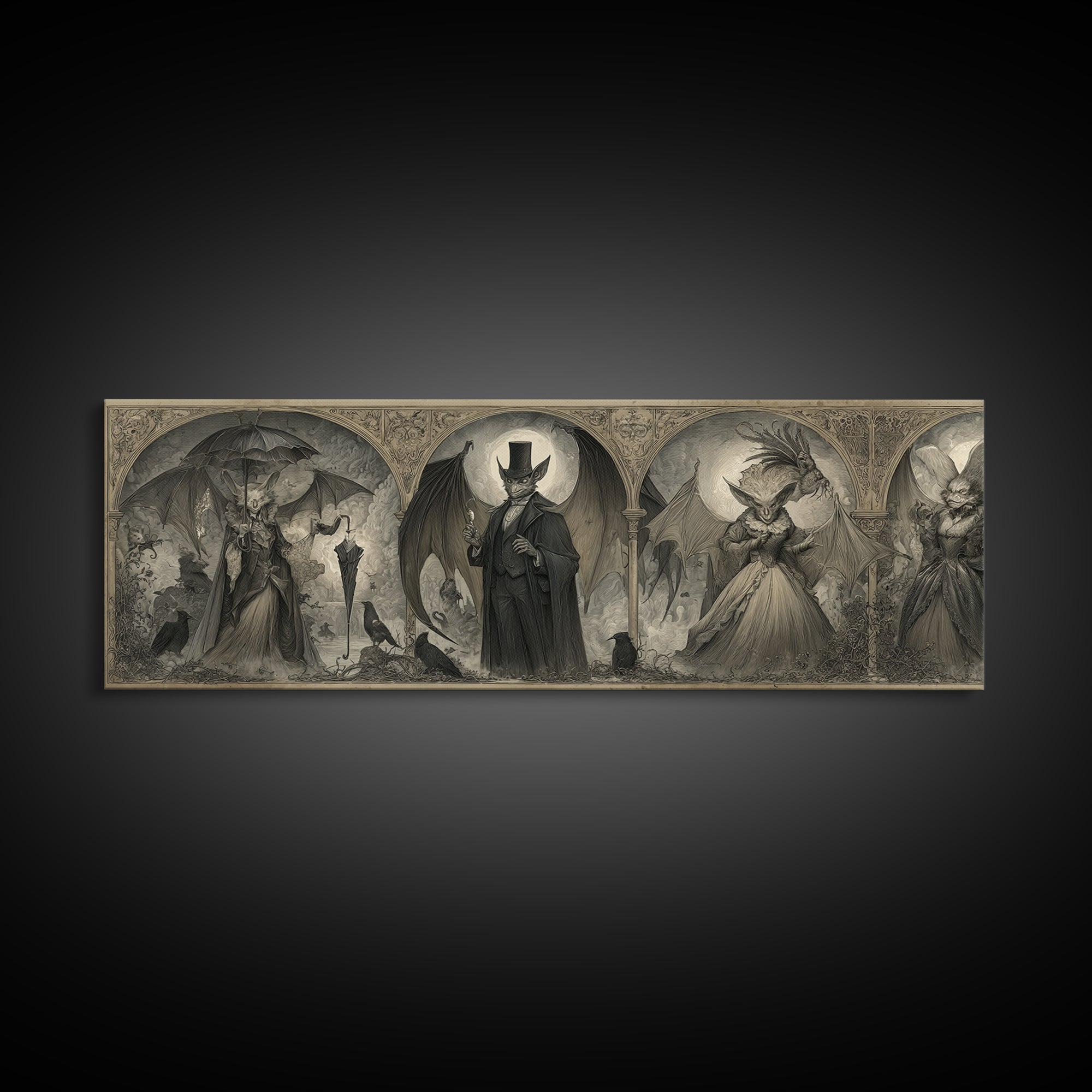 The Bat Umbrella Salesman, Visionary Gothic Art, Extra Wide Wall Art, Dark Halloween Decor, Framed Canvas Print, Halloween Wall Art