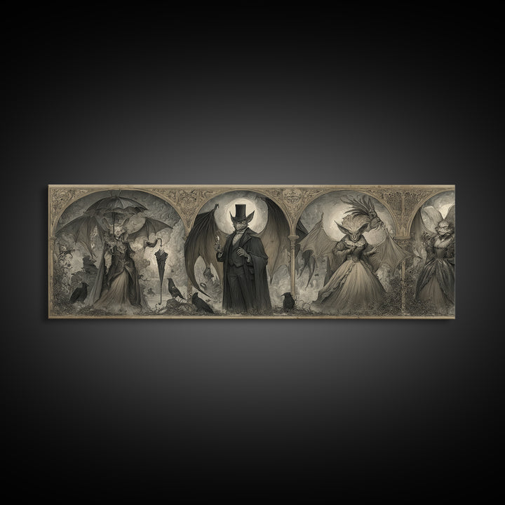 The Bat Umbrella Salesman, Visionary Gothic Art, Extra Wide Wall Art, Dark Halloween Decor, Framed Canvas Print, Halloween Wall Art