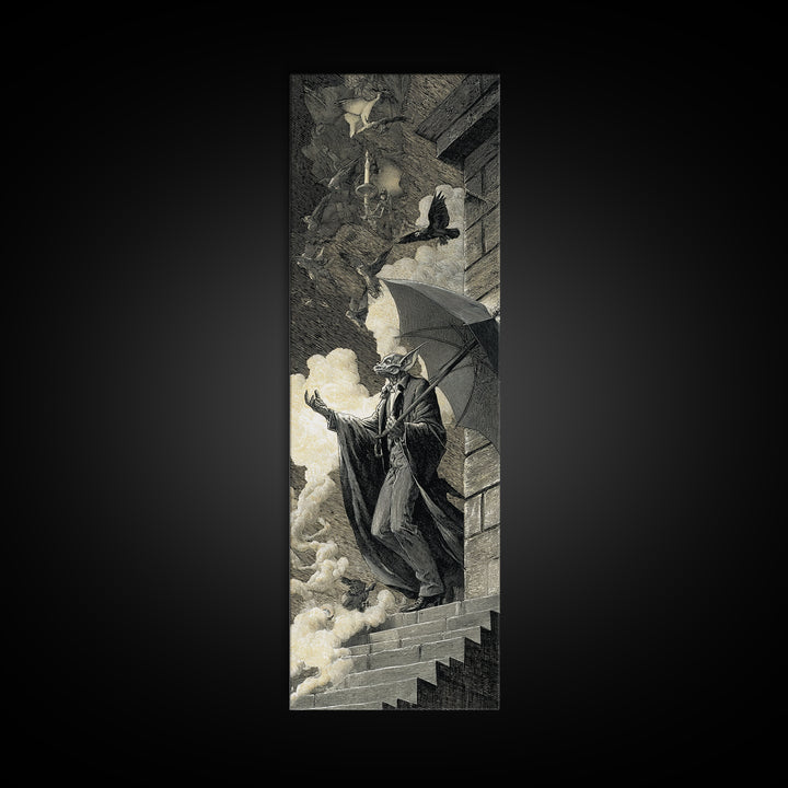 The Bat Umbrella Salesman, Architectural Etching Art, Tall Narrow Wall Art, Macabre Wall Art, Framed Canvas Print