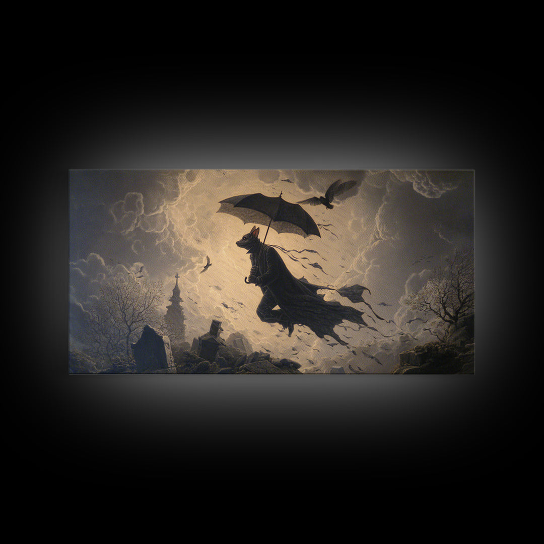 The Bat Umbrella Salesman, Romantic Gothic Landscape, Wide Panoramic Art, Dark Fantasy Wall Art, Canvas Print, Halloween Wall Art