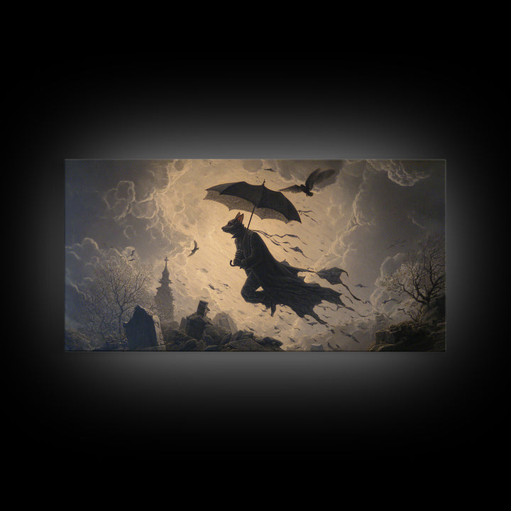 The Bat Umbrella Salesman, Romantic Gothic Landscape, Wide Panoramic Art, Dark Fantasy Wall Art, Canvas Print, Halloween Wall Art