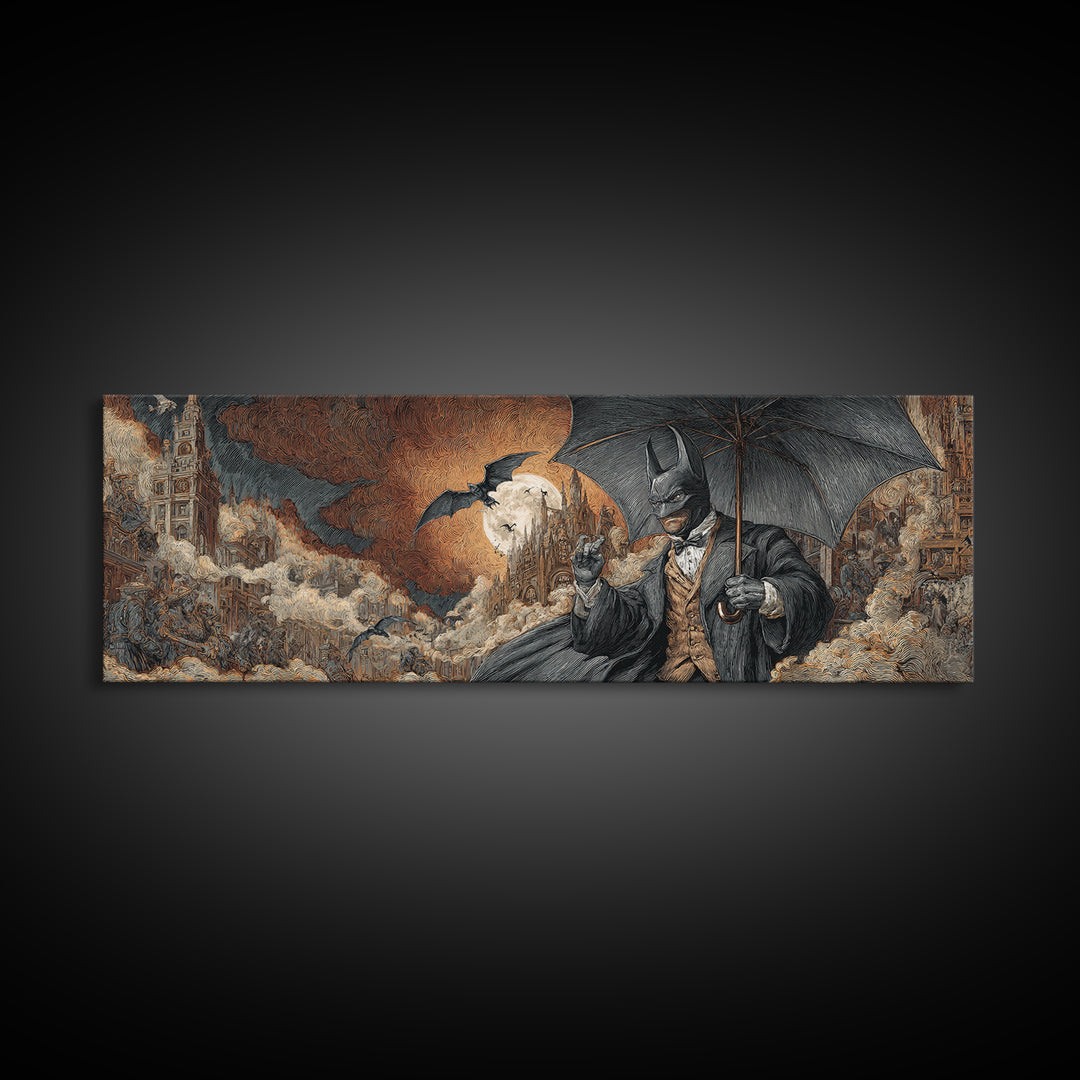 The Bat Umbrella Salesman, Apocalyptic Romantic Art, Extra Wide Wall Art, Macabre Wall Art, Framed Canvas Print, Halloween Wall Art