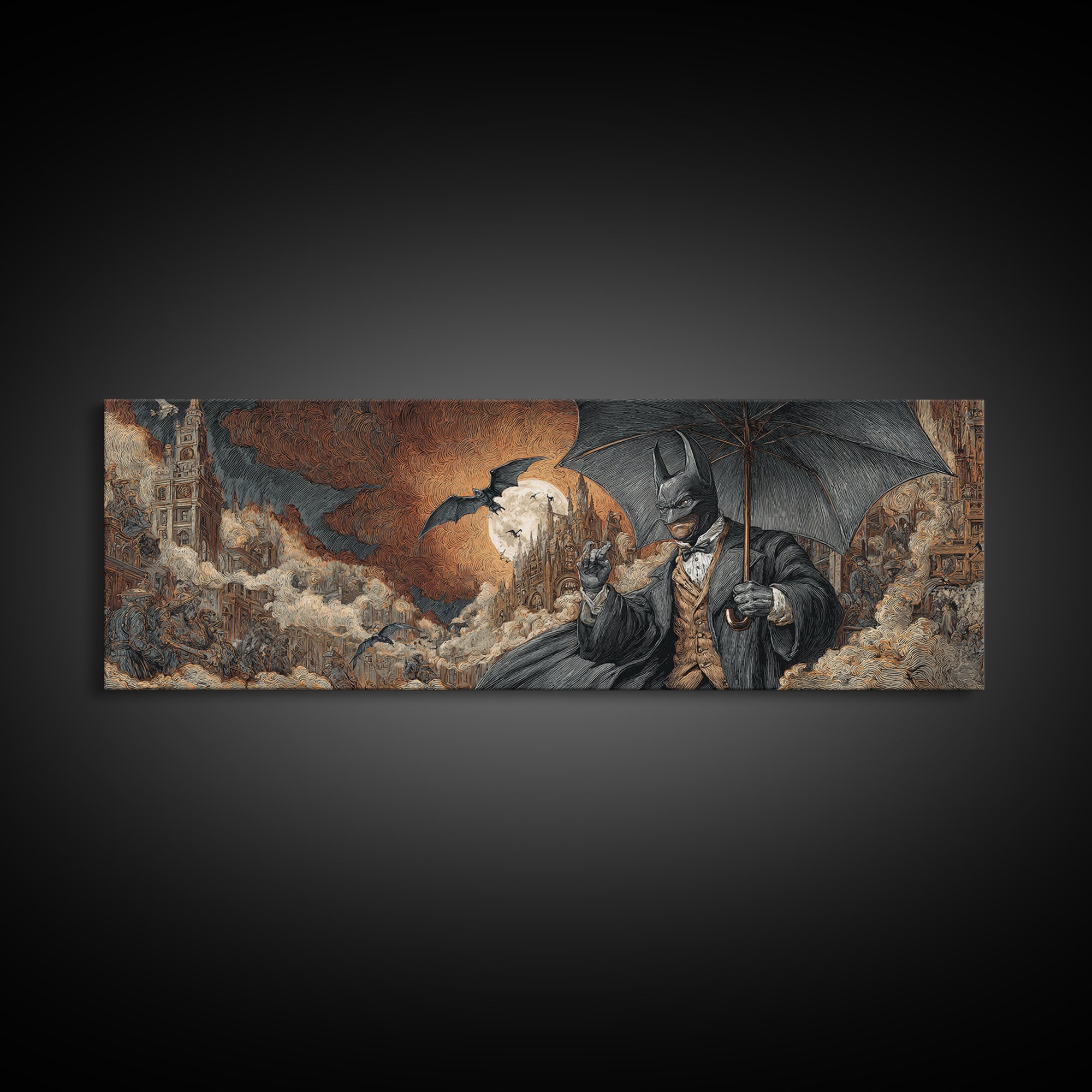 The Bat Umbrella Salesman, Apocalyptic Romantic Art, Extra Wide Wall Art, Macabre Wall Art, Framed Canvas Print, Halloween Wall Art