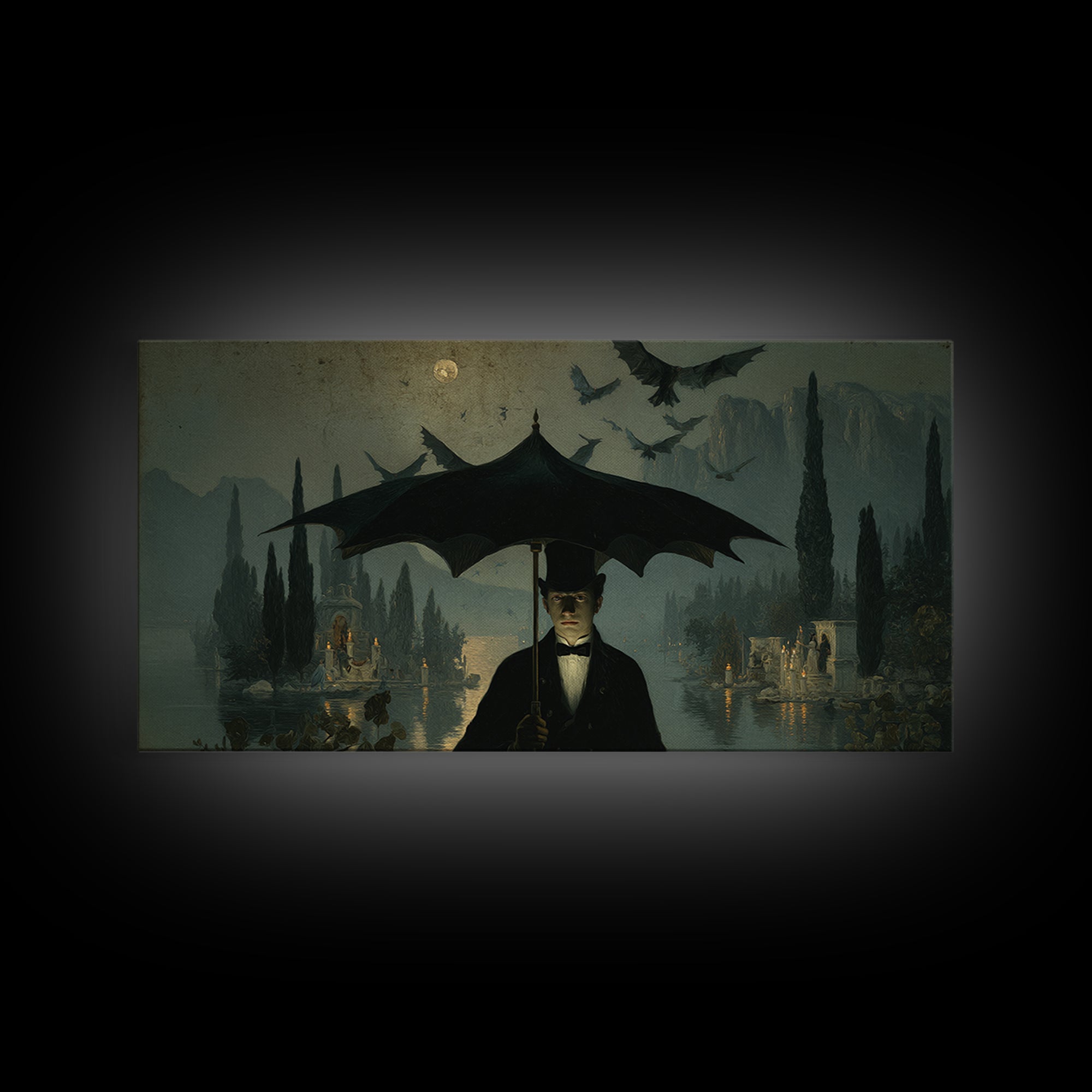 The Bat Umbrella Salesman, Symbolist Gothic Landscape, Wide Panoramic Art, Dark Halloween Decor, Canvas Print, Halloween Wall Art