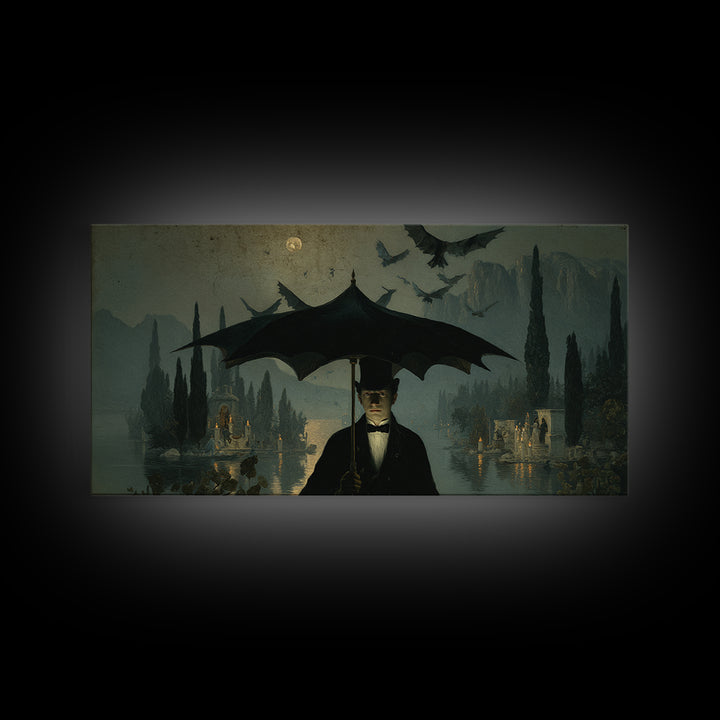The Bat Umbrella Salesman, Symbolist Gothic Landscape, Wide Panoramic Art, Dark Halloween Decor, Canvas Print, Halloween Wall Art