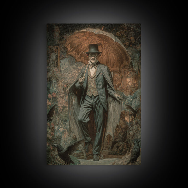 The Bat Umbrella Salesman, Ornate Symbolist Art, Vertical Wall Art, Gothic Horror Wall Art, Framed Canvas Print, Halloween Wall Art