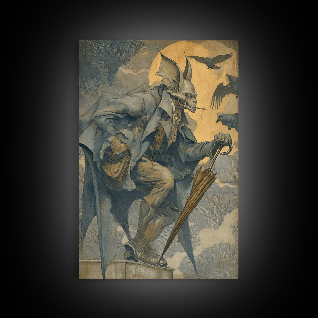 The Bat Umbrella Salesman, Decadent Gothic Art, Vertical Wall Art, Macabre Wall Art, Canvas Print, Halloween Wall Art