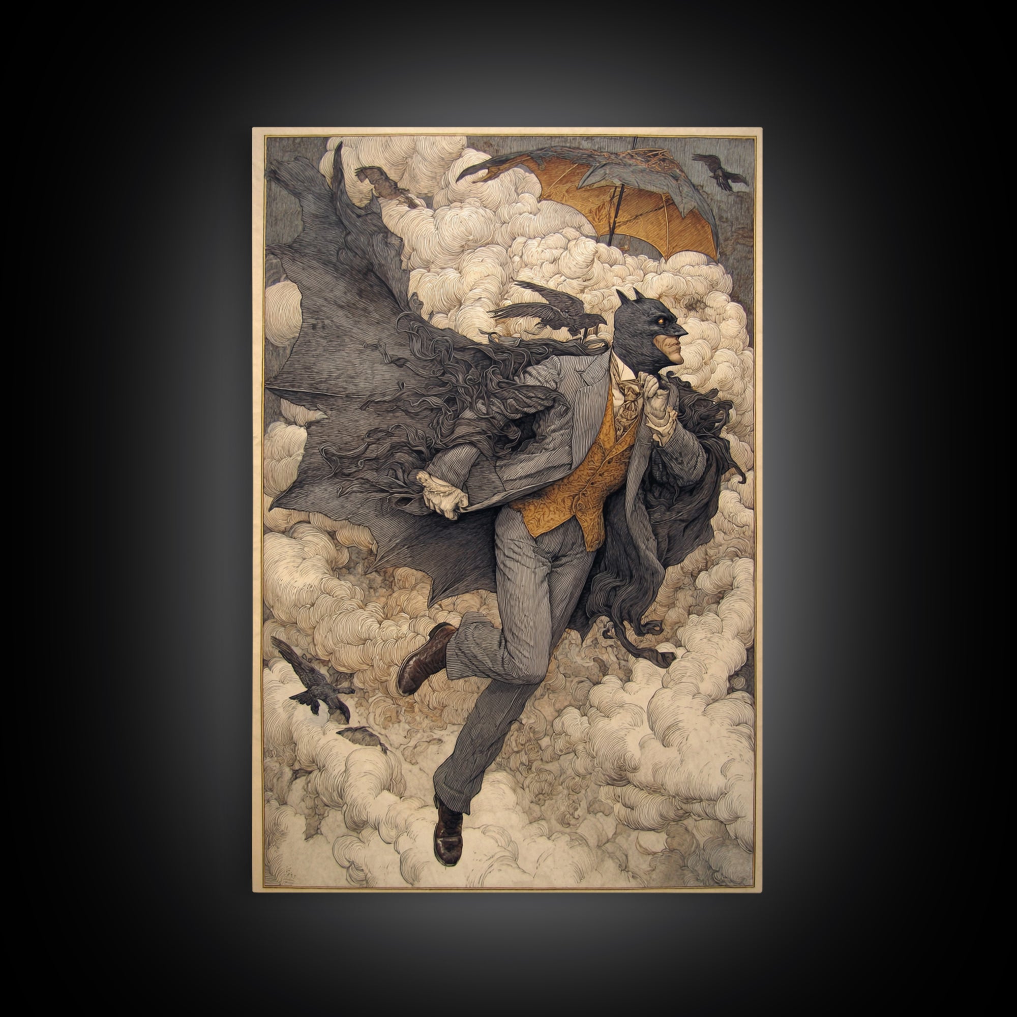 The Bat Umbrella Salesman, Symbolist Death Art, Vertical Wall Art, Dark Fantasy Wall Art, Canvas Print, Halloween Wall Art