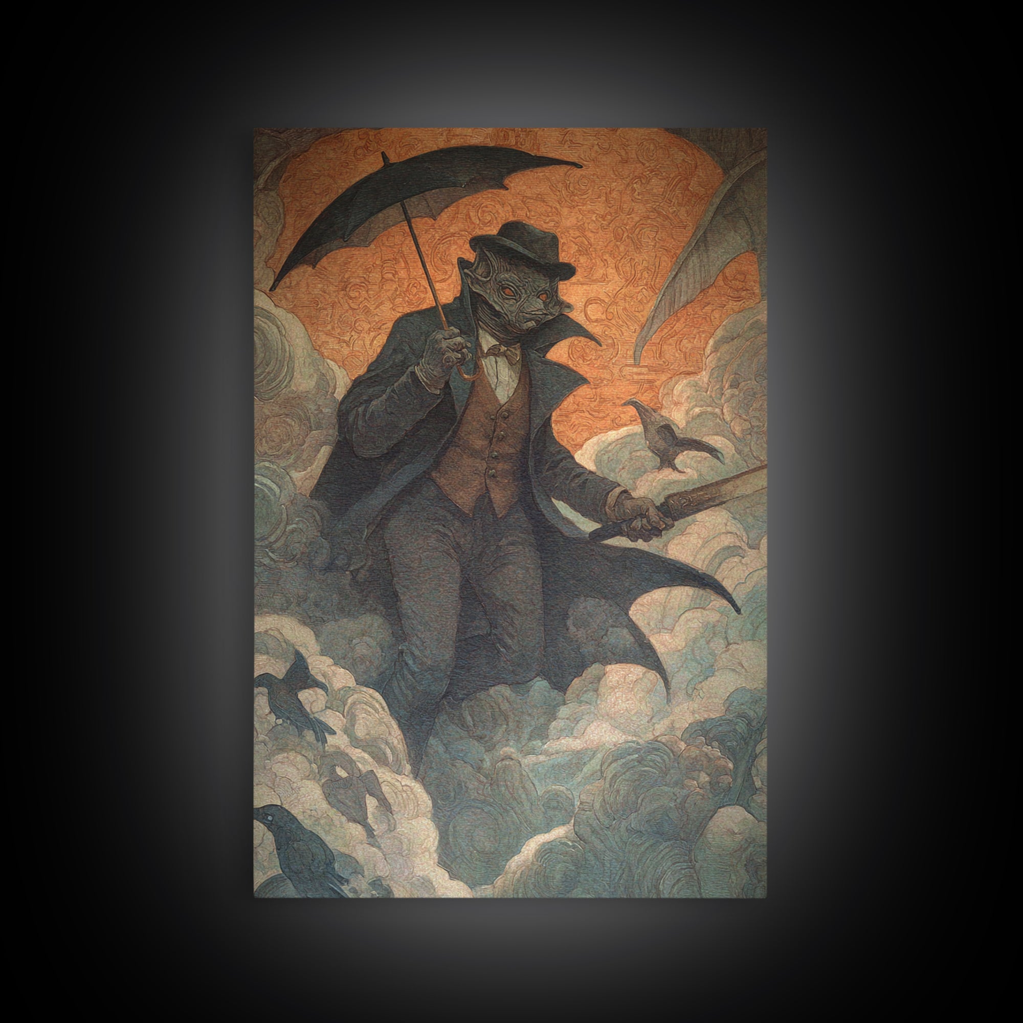 The Bat Umbrella Salesman, Dark Symbolist Art, Vertical Wall Art, Gothic Horror Wall Art, Canvas Print, Halloween Wall Art