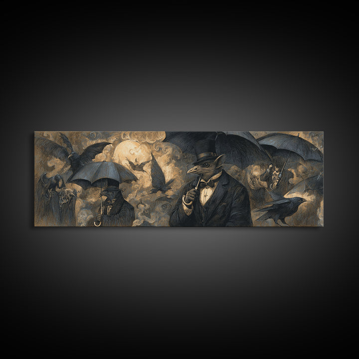 The Bat Umbrella Salesman, Expressionist Nightmare Art, Extra Wide Wall Art, Gothic Horror Wall Art, Canvas Print, Halloween Wall Art