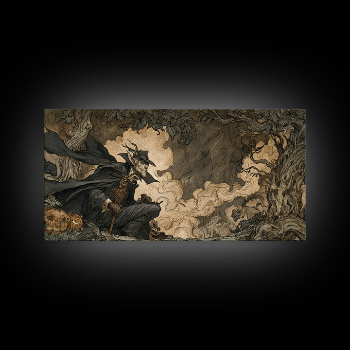 The Bat Umbrella Salesman, Gothic Storybook Art, Wide Panoramic Art, Dark Fantasy Wall Art, Framed Canvas Print, Halloween Wall Art