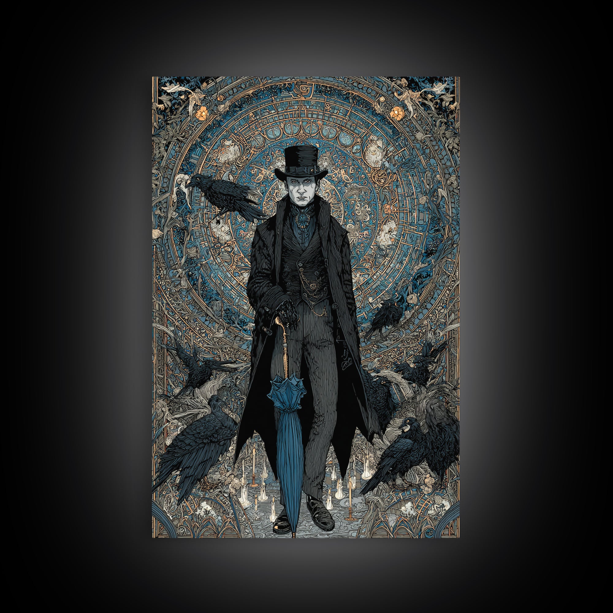 The Bat Umbrella Salesman, Stained Glass Gothic Art, Vertical Wall Art, Macabre Wall Art, Canvas Print, Halloween Wall Art, Halloween Decor
